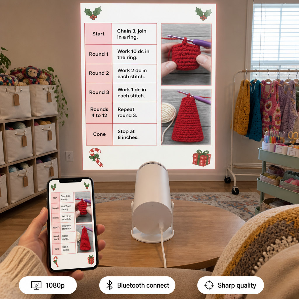 Portable projector on a low table showing a crochet pattern page on the wall, with a hand holding a phone showing the same page