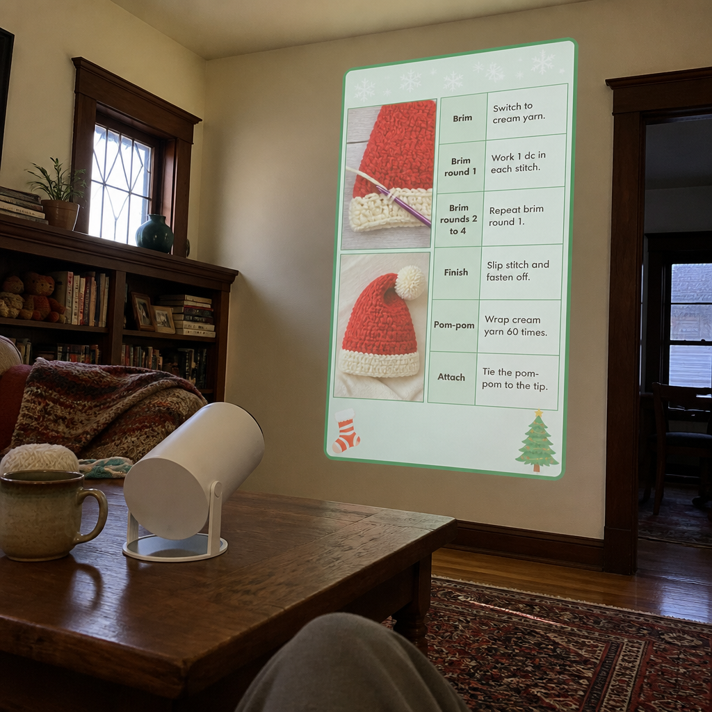 Projector on a coffee table in a vintage Craftsman bungalow living room showing a crochet pattern page on the wall