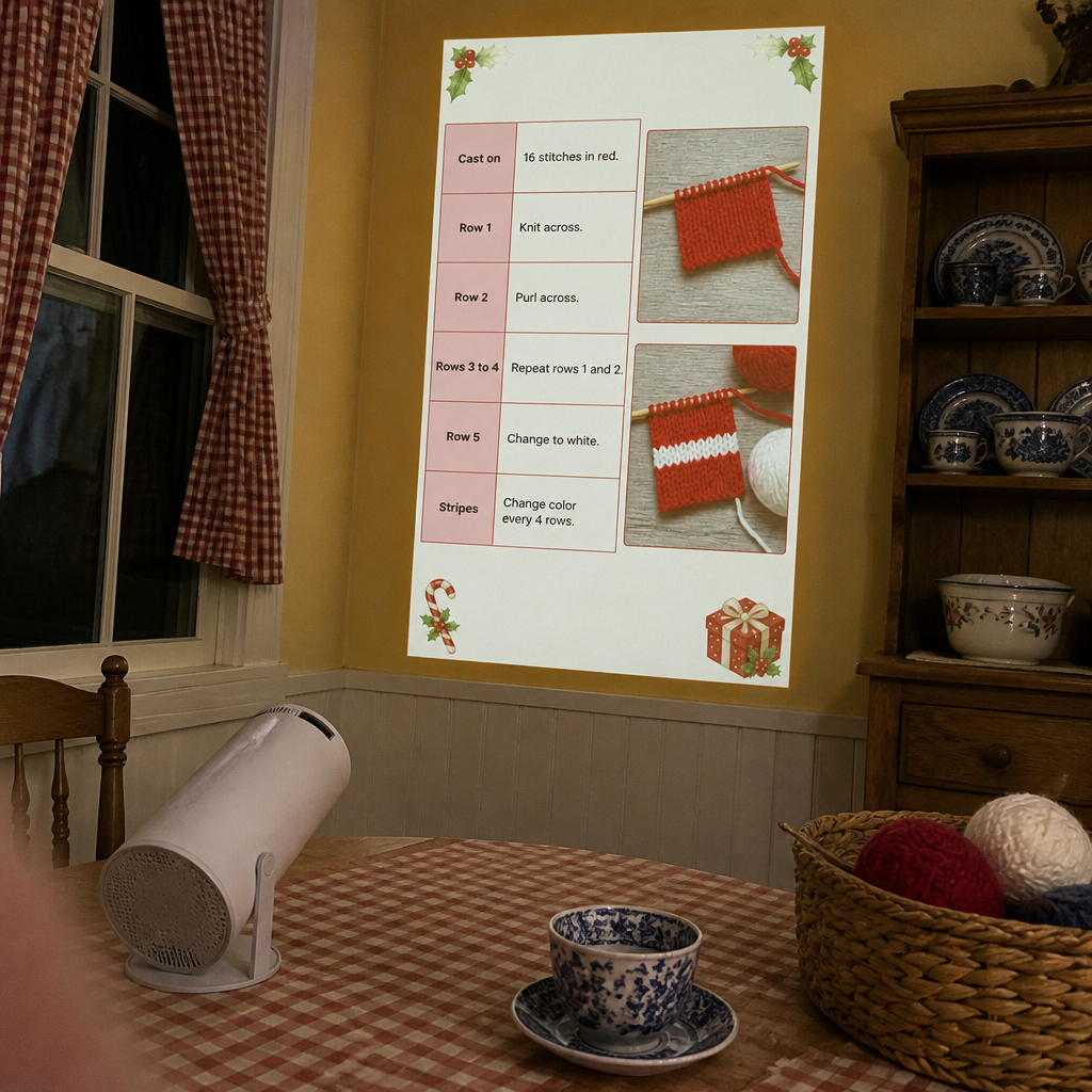 Projector on a checked tablecloth in a vintage farmhouse dining nook showing a knitting pattern page on the wall