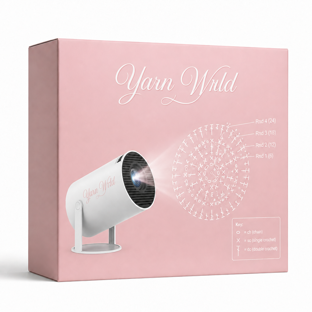 Blush-pink Yarn Wrld pattern projector box with cursive wordmark, projector illustration and crochet diagram key