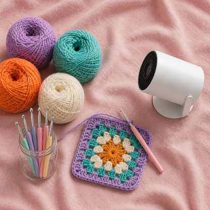 Flat lay on blush linen of purple, teal, orange and cream yarn, a jar of crochet hooks, a granny square in progress and a small white projector