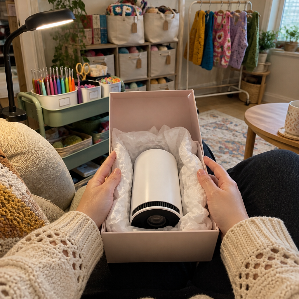 Lap view of a blush gift box opened to reveal a small white pattern projector in tissue paper, cream cardigan sleeves and a cozy craft room behind