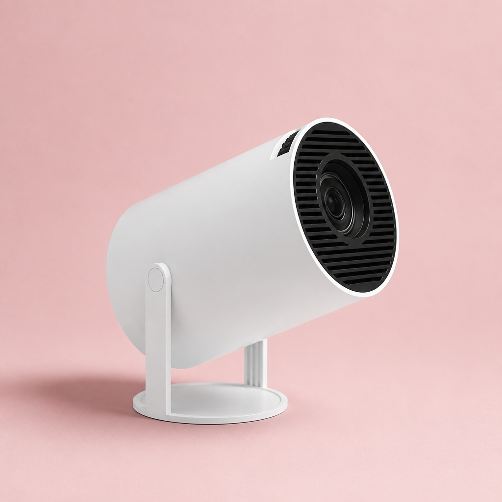 Small white cylindrical portable pattern projector with folding stand on a soft blush-pink background